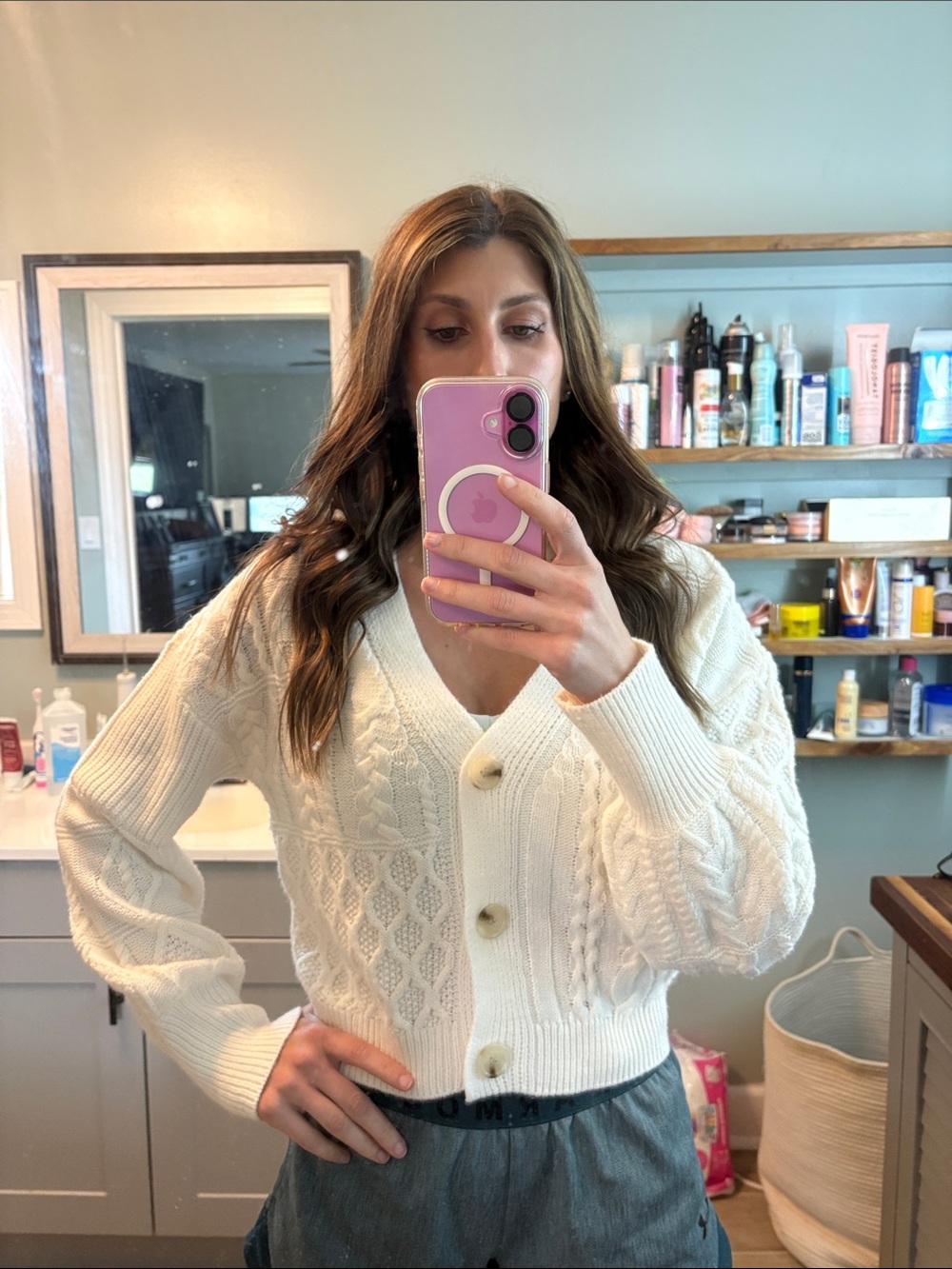 No Boundaries Cream Cable Knit Button-Up Cardigan